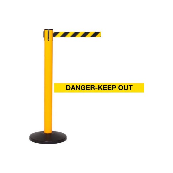 Queue Solutions SafetyPro 300 Retractable Belt Barrier, 40in Yellow Post, 16' Yellow inDanger-Keep Outin Belt SPRO300Y-YBD - main